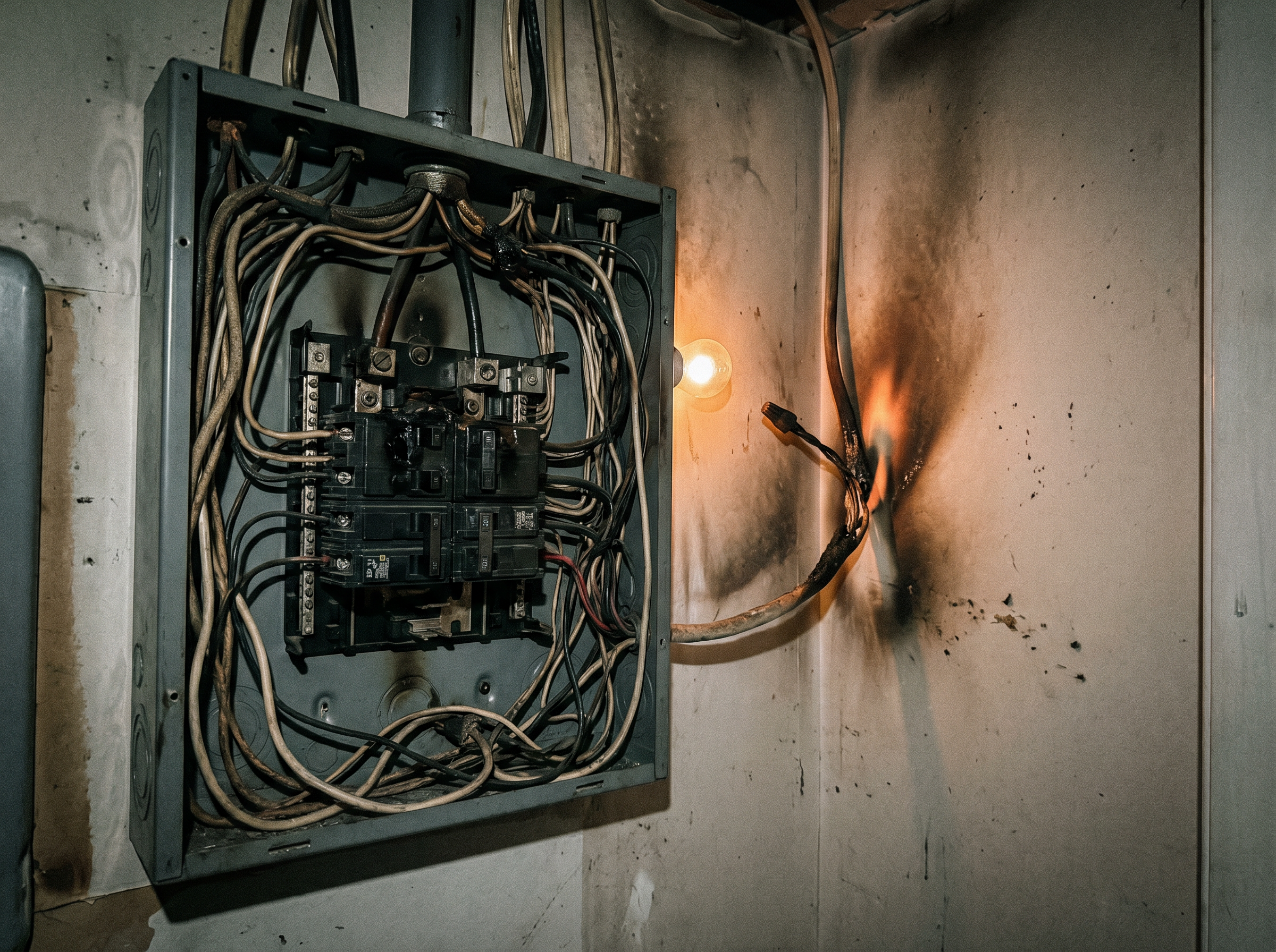 Dangerously overloaded electrical panel with burn damage