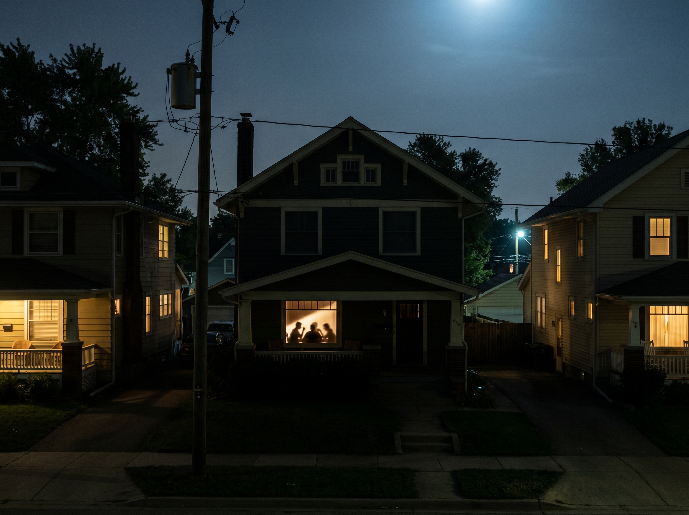Family in the dark during a power outage while neighbors have power