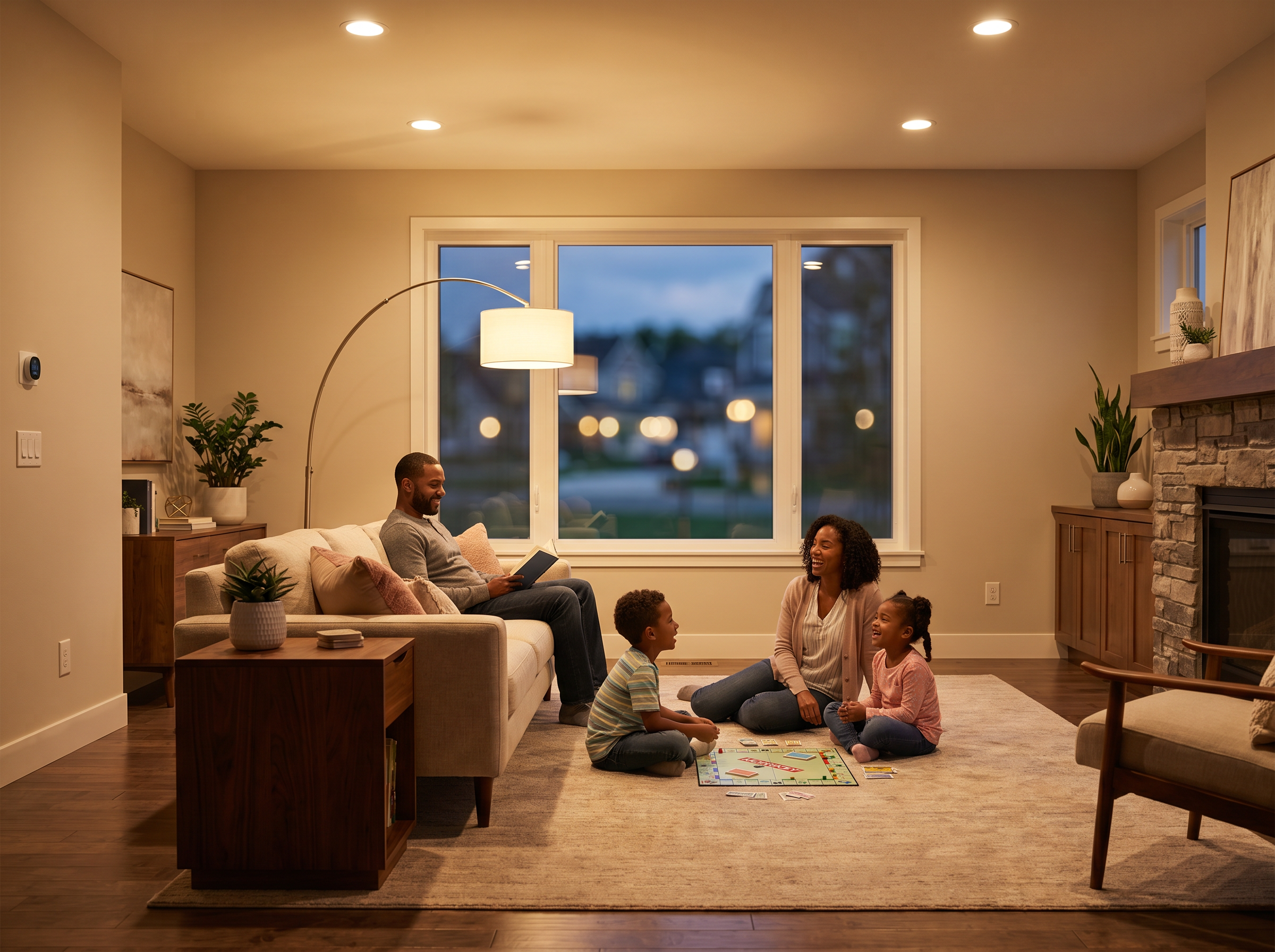 Happy family in a safe, well-lit home